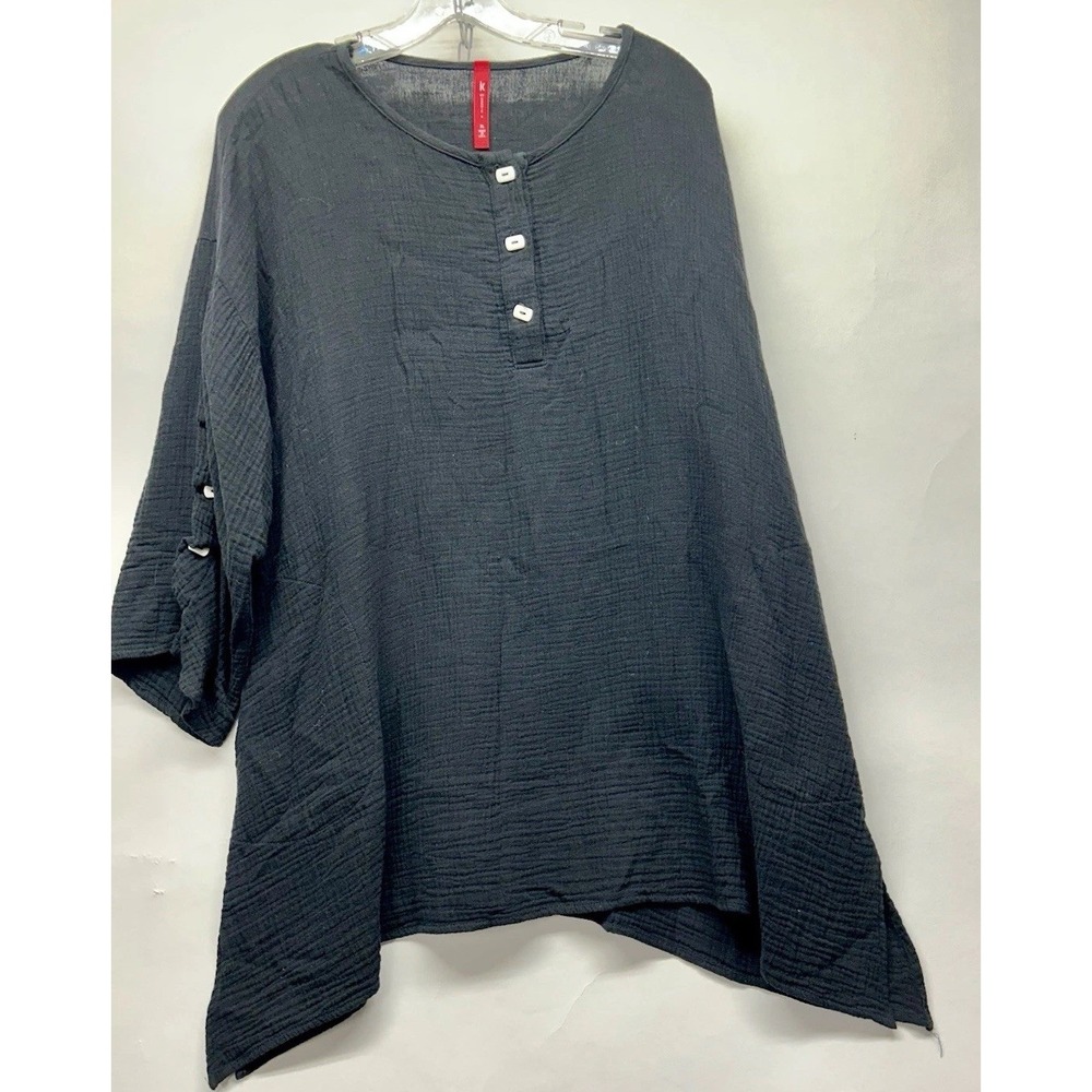 IC by Connie K Women's XL Black 3 Button 3/4 Sleeve Cotton Top (F9)